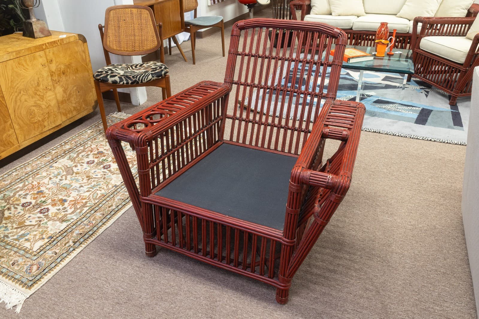 Pair of Vintage Palecek President's Chairs Red Rattan White Cushion Patio Chairs - Thumbnail 11