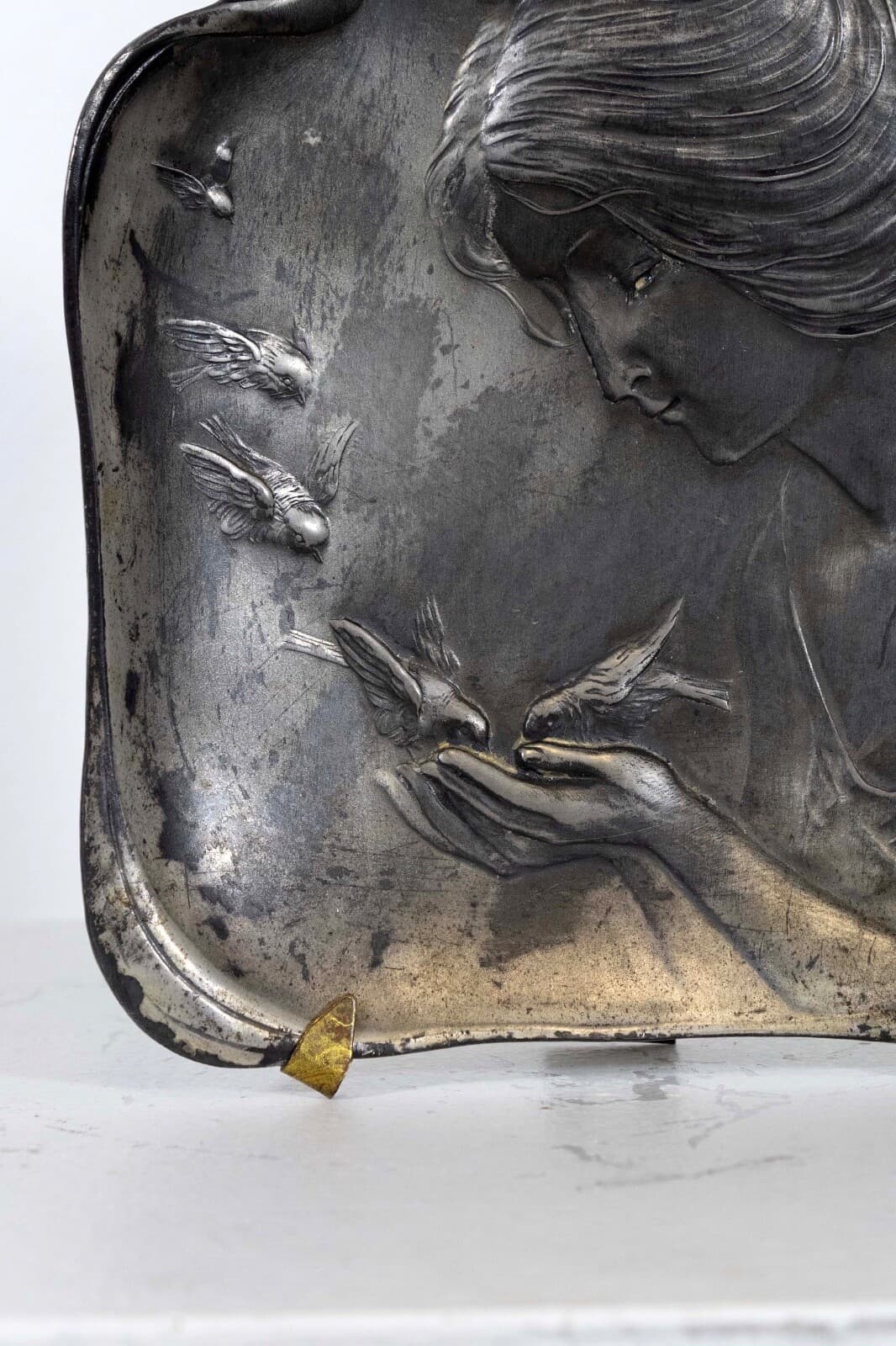 Art Nouveau Deco Antique Silver Plated Tray or Plaque Female Figure with Bird - Thumbnail 6