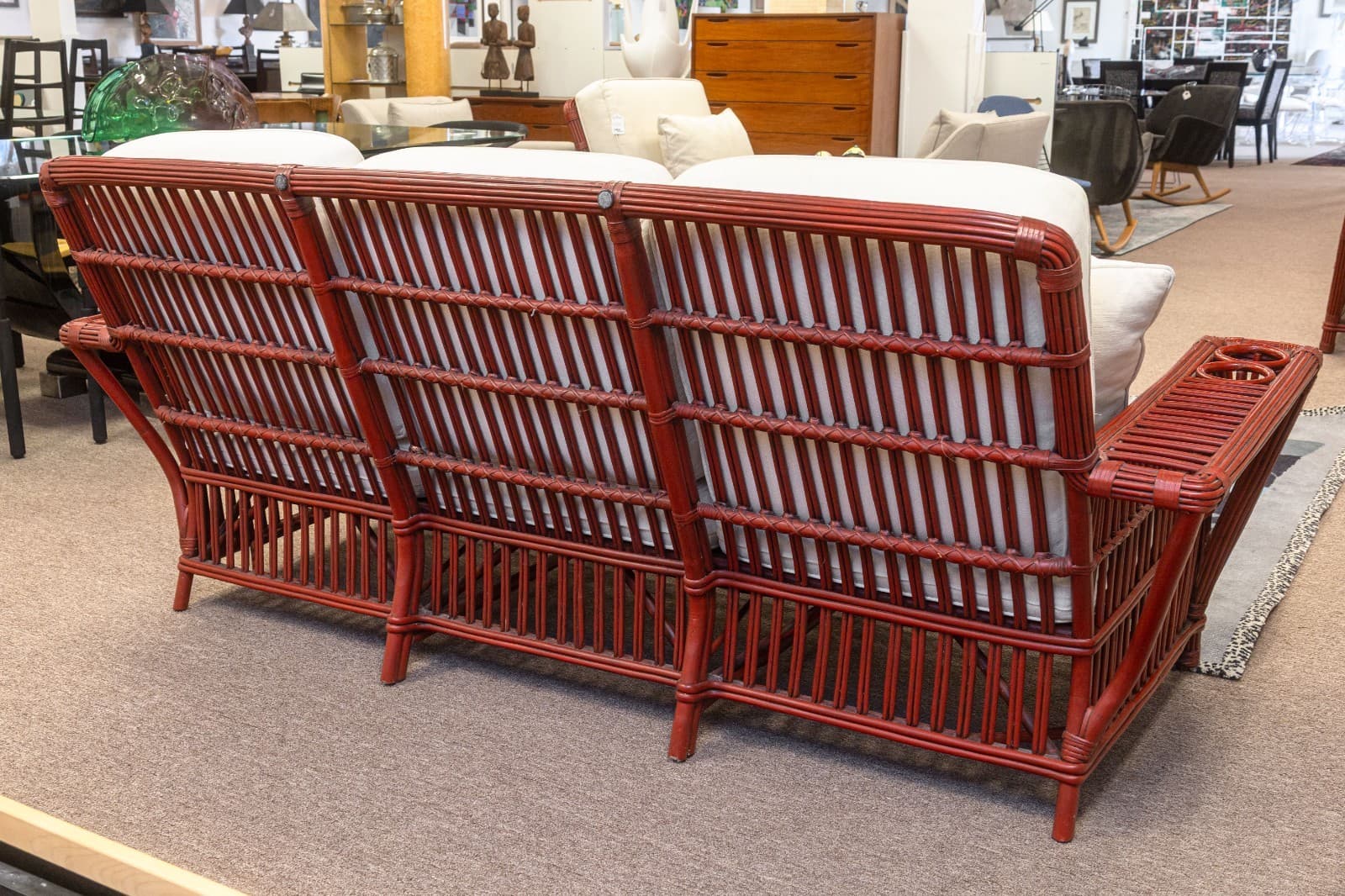 Vintage Palecek President's Sofa Red Rattan White Cushions Patio Sofa - Thumbnail 6