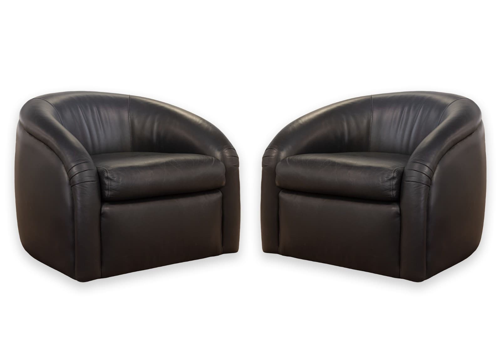 Pair of Custom Made Classic Gallery Black Leather Vintage Modern Club Chairs