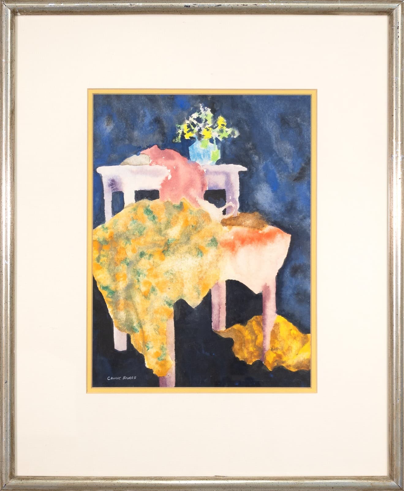 Chuck Bouras - Untitled (Still Life with Table) Signed Contemporary Watercolor