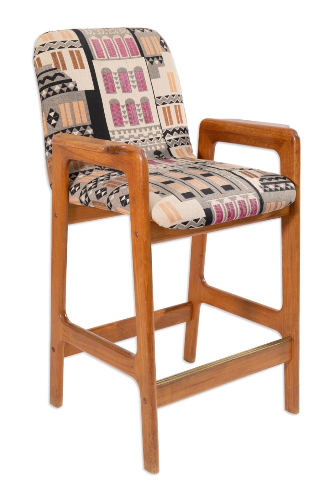 Set of 4 Mid Century Benny Linden Teak Barstools with Geometric Upholstery 1990s - Thumbnail 3