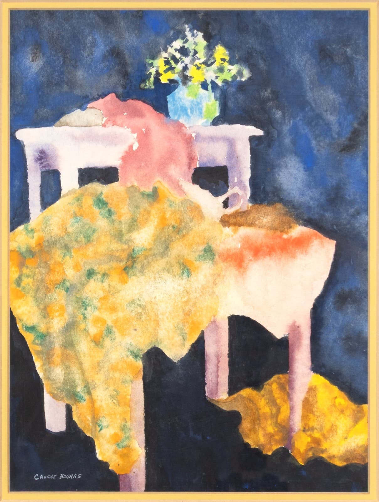 Chuck Bouras - Untitled (Still Life with Table) Signed Contemporary Watercolor - Thumbnail 2