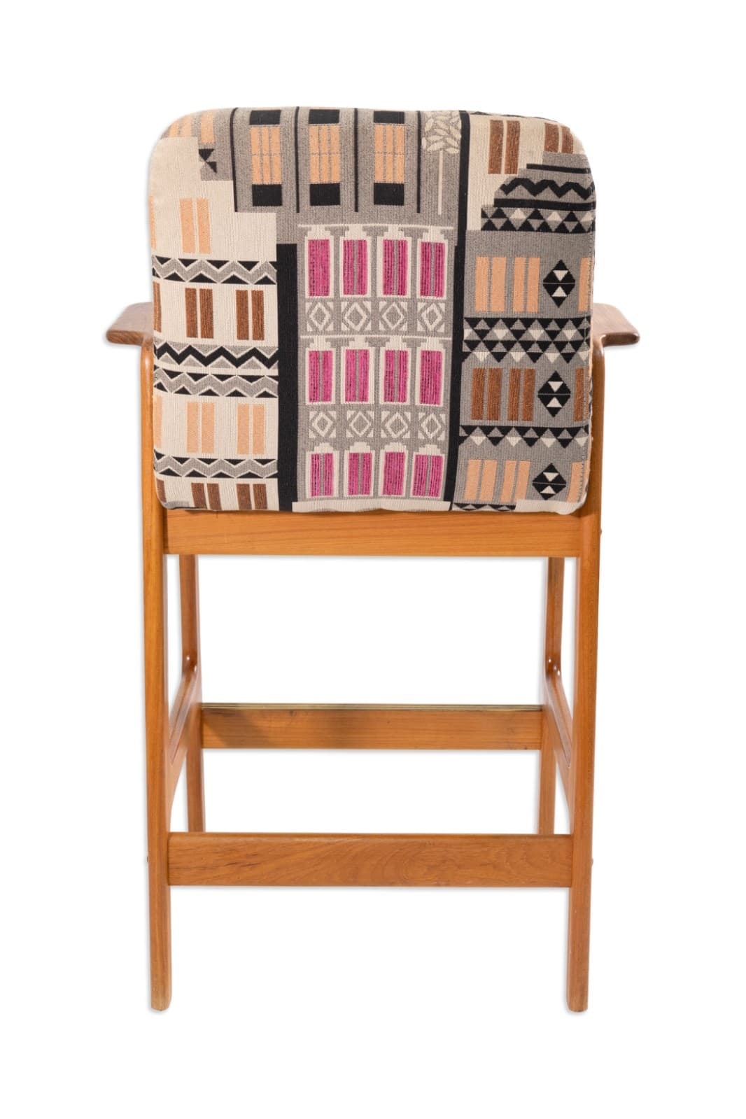 Set of 4 Mid Century Benny Linden Teak Barstools with Geometric Upholstery 1990s - Thumbnail 5