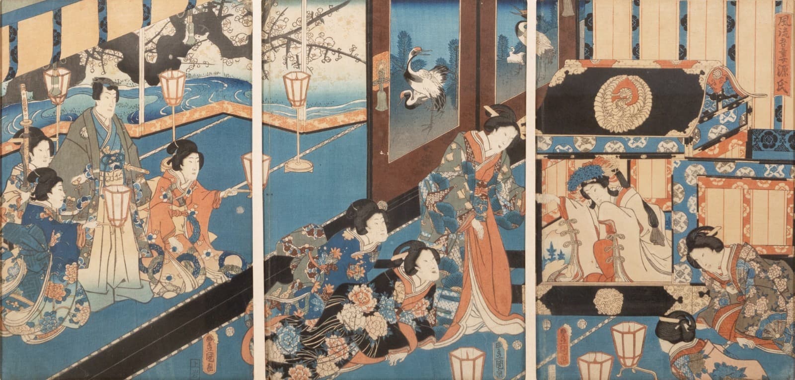 Utagawa Kunisada (Toyokuni III) - Fashionable Eastern Genji, 1854 Triptych - Thumbnail 2