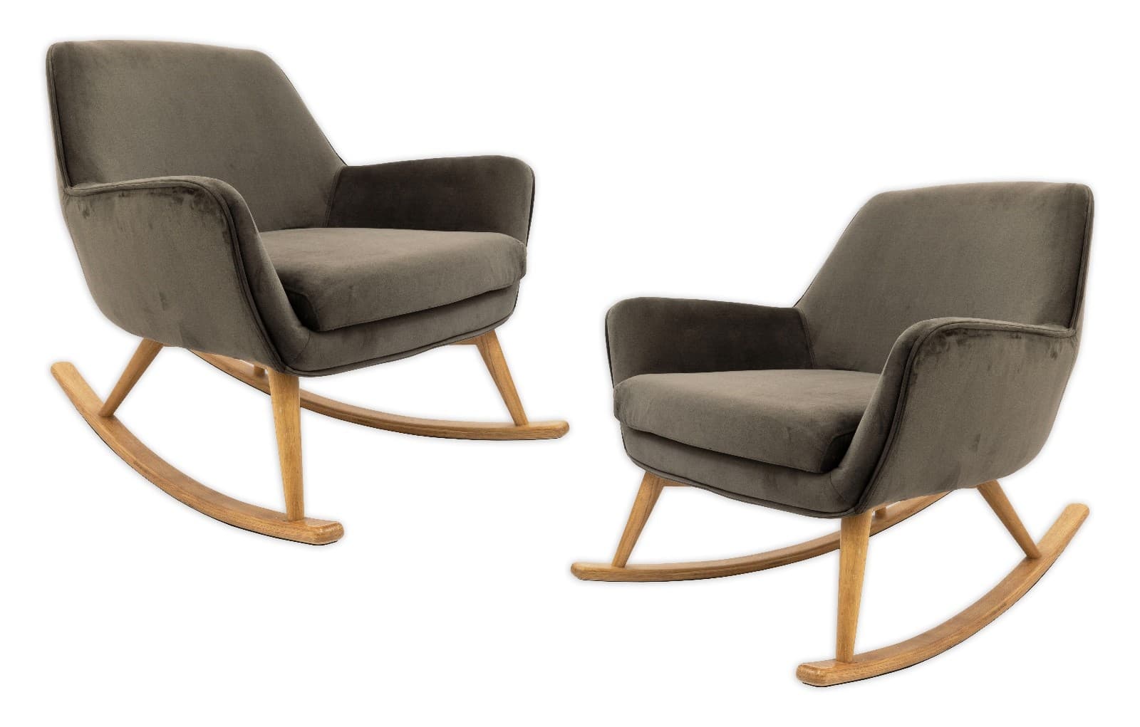 Pair Of Contemporary Gray Velvet Upholstered Rocking Chairs With Wooden Runners