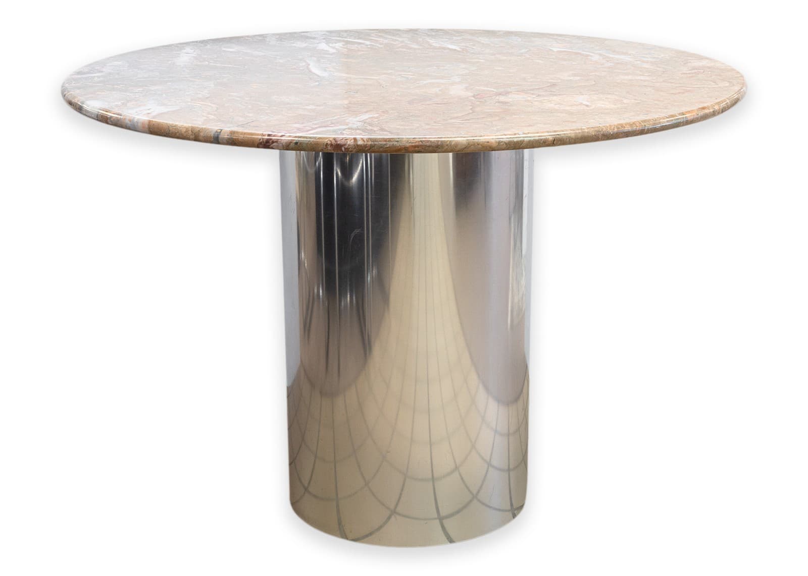 Vintage Postmodern Pedestal Chrome Base Round Marble Top Dinette Dining Table
