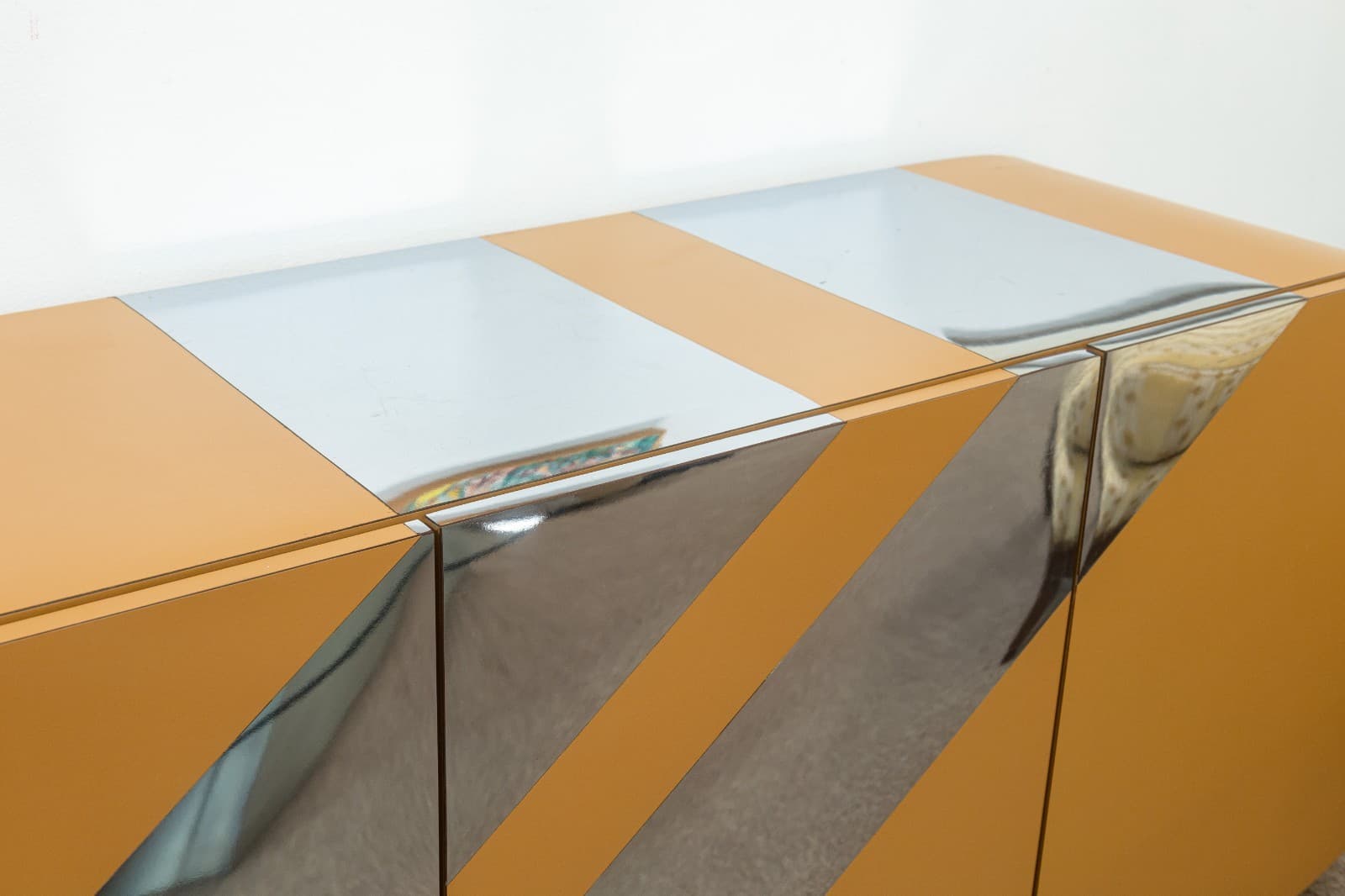Contemporary Custom Made Beige Laminate and Chrome Striped Credenza Sideboard - Thumbnail 3