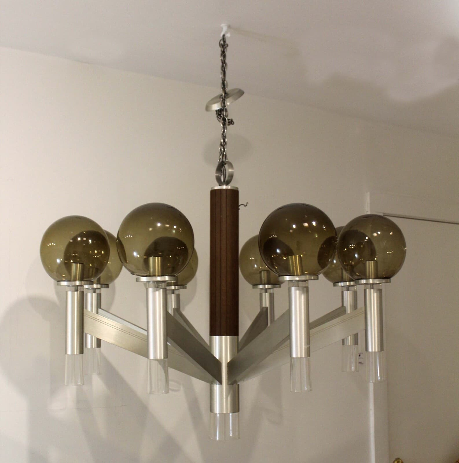 Large Mid Century Modern Smoked Glass & Metal & Walnut Chandelier Sonneman Style - Thumbnail 2
