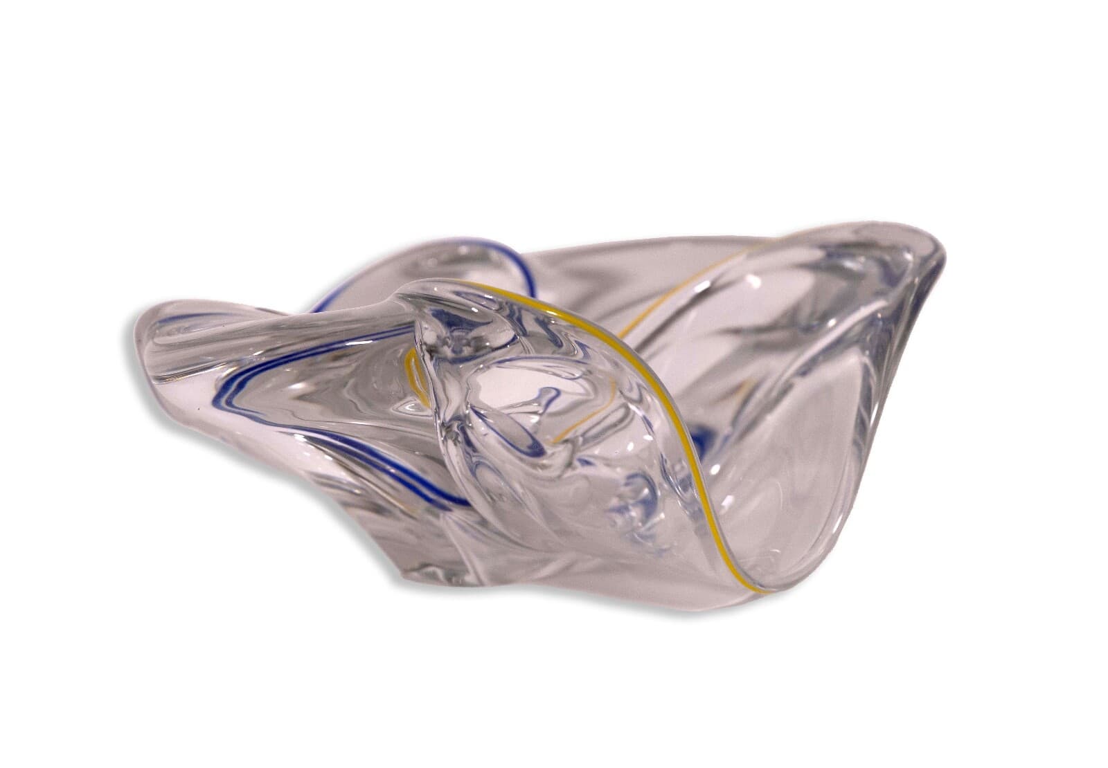Frantisek Zemek Signed Blue and Yellow Abstract Glass Sculpture with Dual Bowls - Thumbnail 2