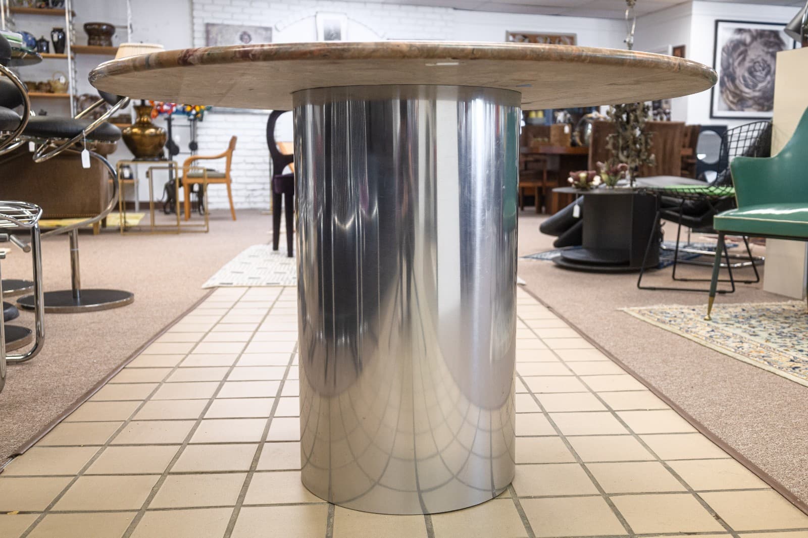 Vintage Postmodern Pedestal Chrome Base Round Marble Top Dinette Dining Table - Thumbnail 5