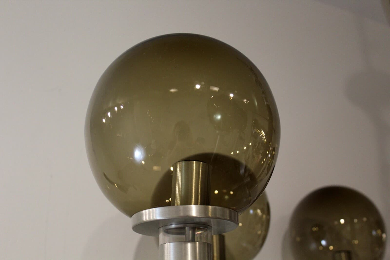 Large Mid Century Modern Smoked Glass & Metal & Walnut Chandelier Sonneman Style - Thumbnail 4