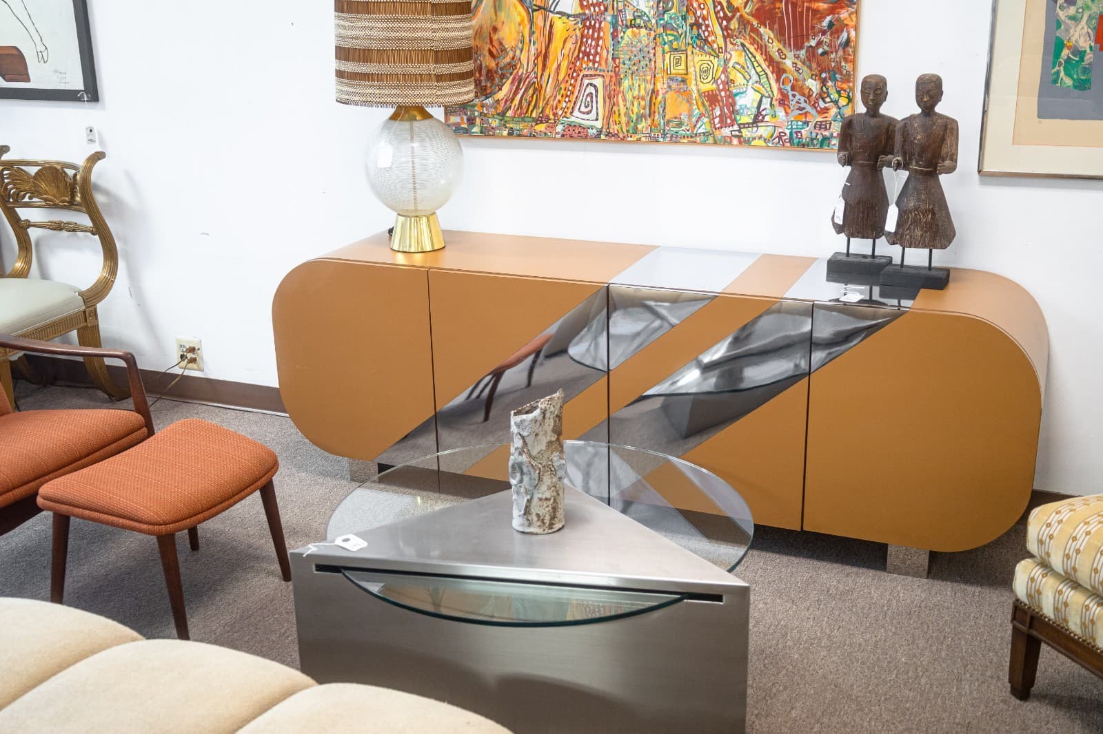 Contemporary Custom Made Beige Laminate and Chrome Striped Credenza Sideboard - Thumbnail 2