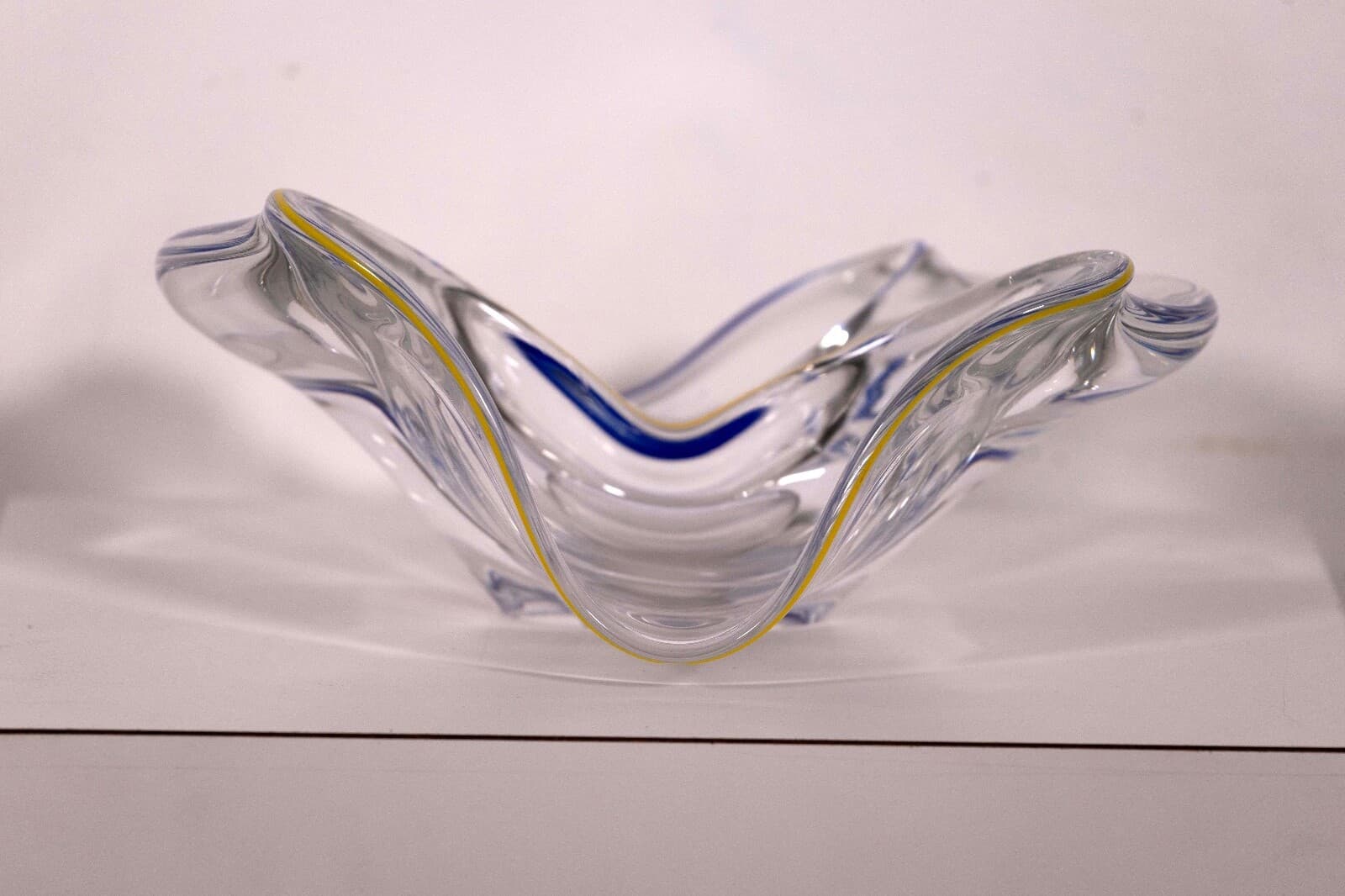 Frantisek Zemek Signed Blue and Yellow Abstract Glass Sculpture with Dual Bowls - Thumbnail 3