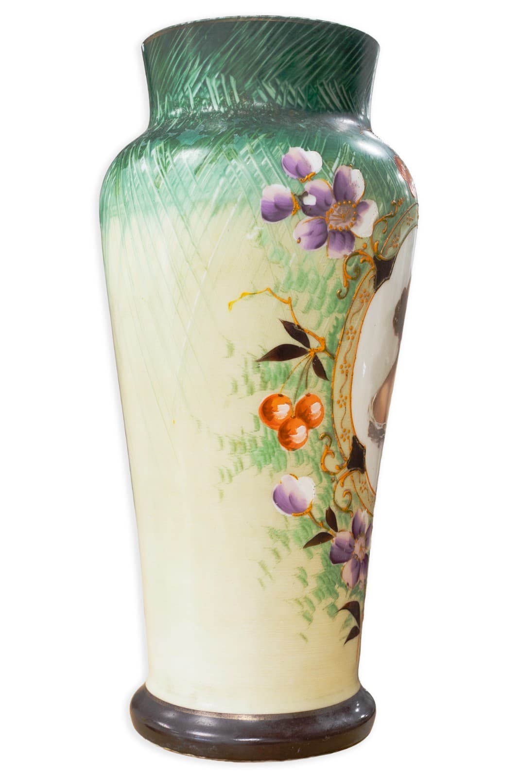 Antique Victorian Bristol - Glass Vase Hand Painted Portrait & Floral Design - Thumbnail 2