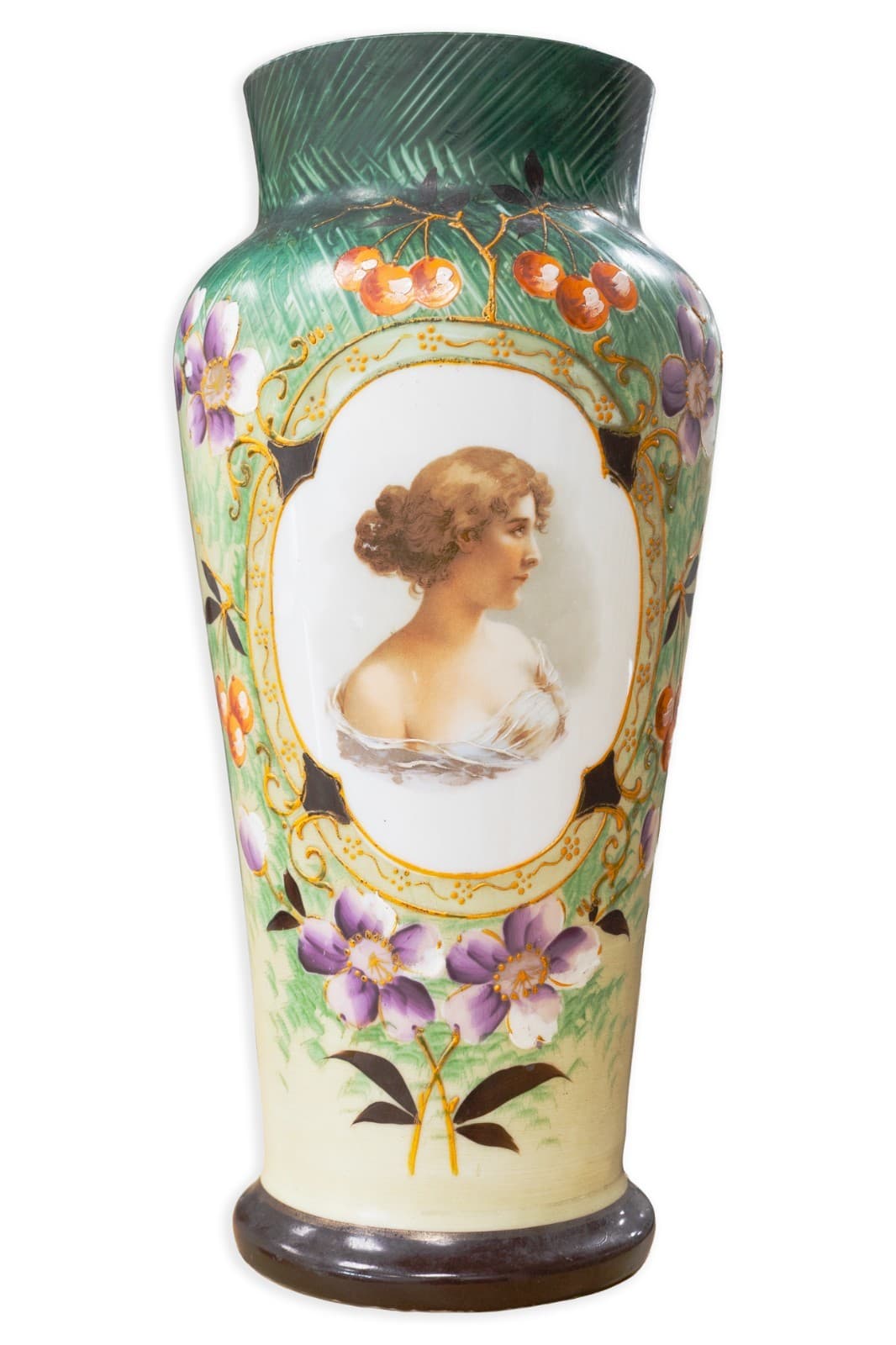 Antique Victorian Bristol - Glass Vase Hand Painted Portrait & Floral Design