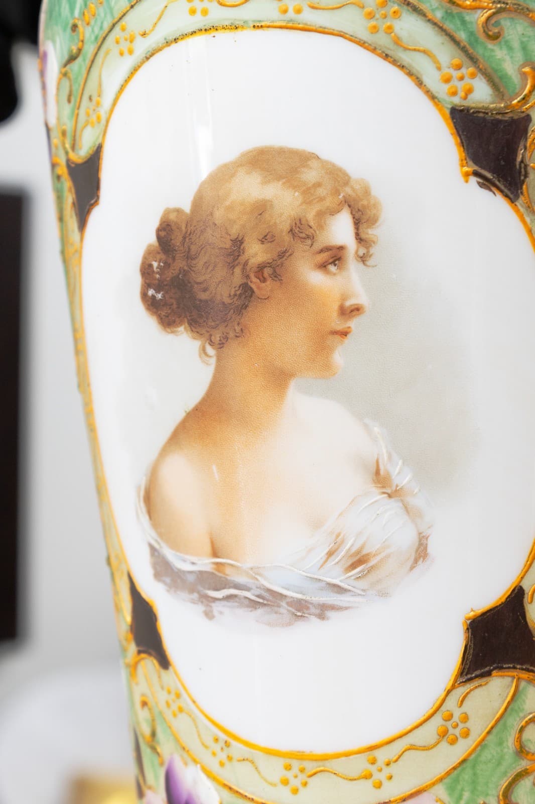 Antique Victorian Bristol - Glass Vase Hand Painted Portrait & Floral Design - Thumbnail 4