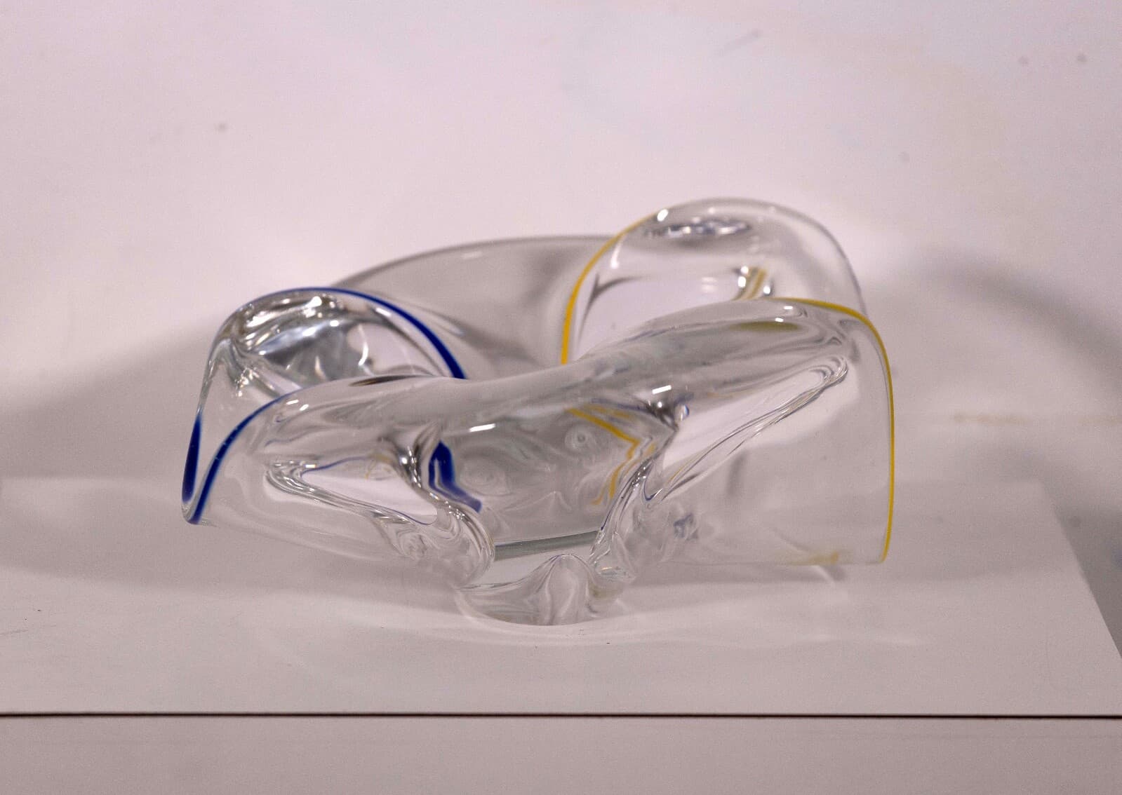 Frantisek Zemek Signed Blue and Yellow Abstract Glass Sculpture with Dual Bowls - Thumbnail 4