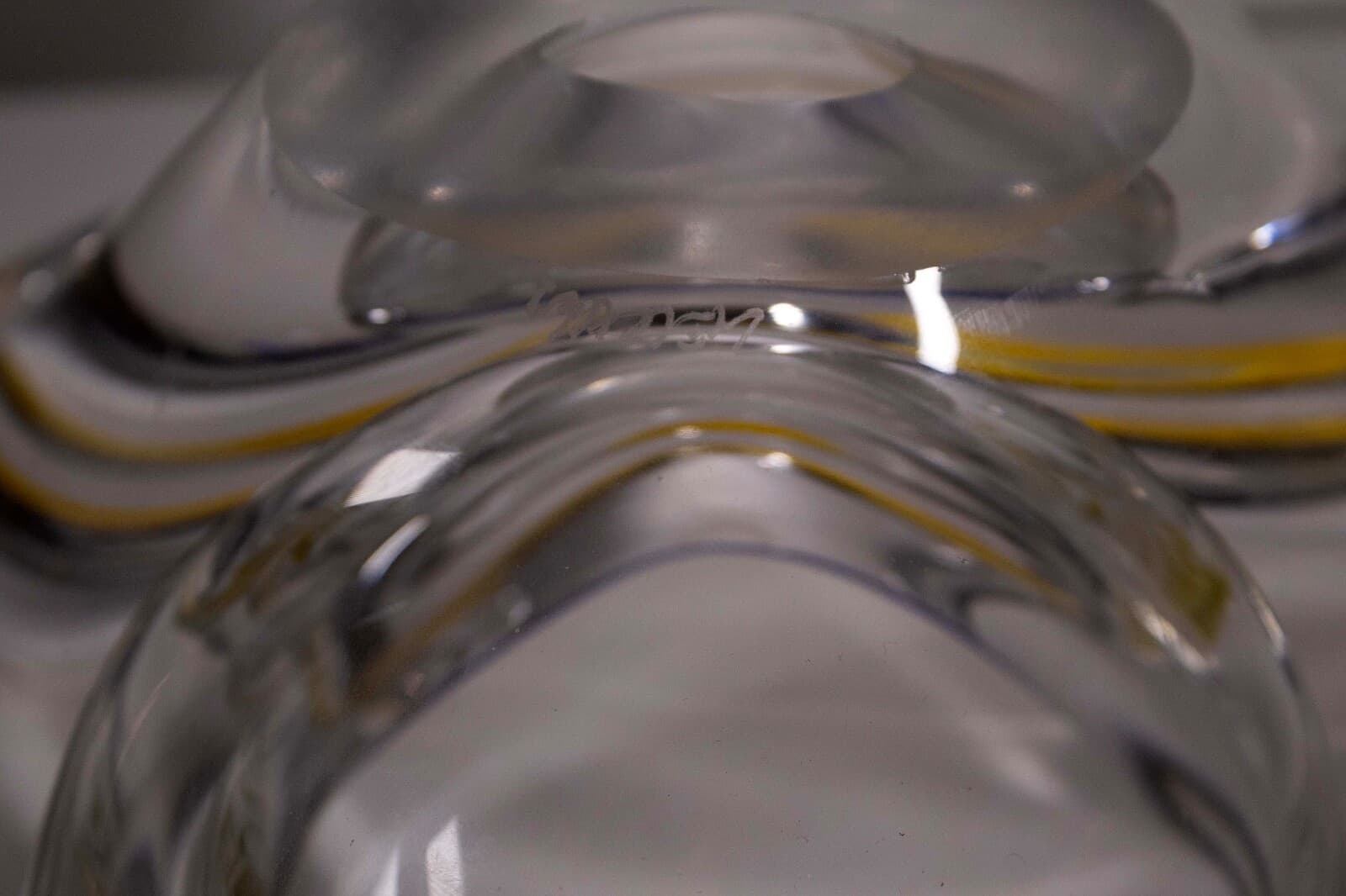 Frantisek Zemek Signed Blue and Yellow Abstract Glass Sculpture with Dual Bowls - Thumbnail 10