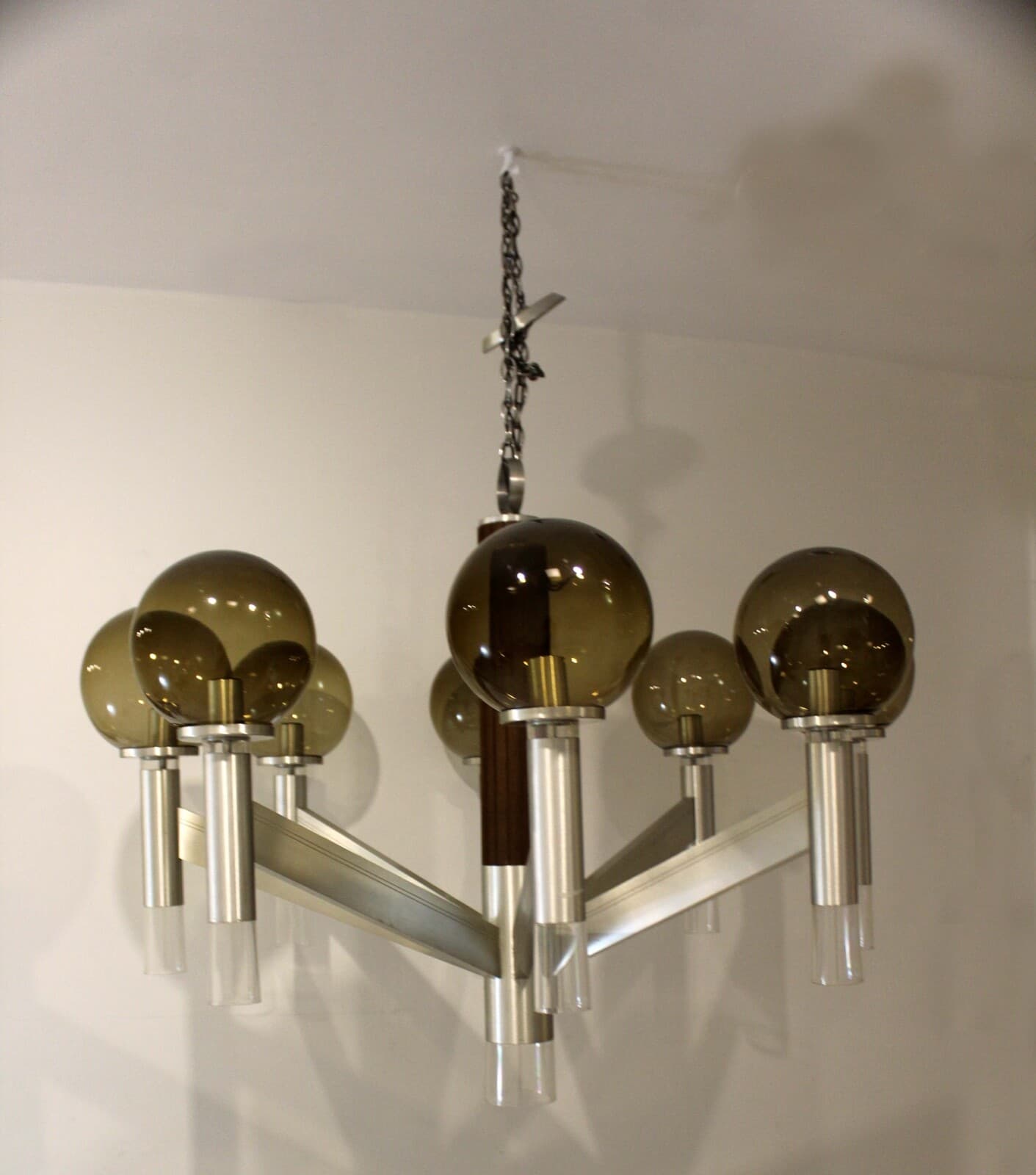 Large Mid Century Modern Smoked Glass & Metal & Walnut Chandelier Sonneman Style - Thumbnail 3