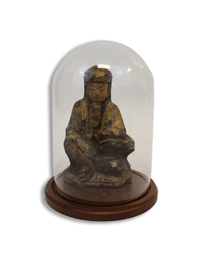 Rare Ancient Asian Buddha Wood Sculpture & Glass Dome