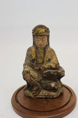 Rare Ancient Asian Buddha Wood Sculpture & Glass Dome - Thumbnail 2