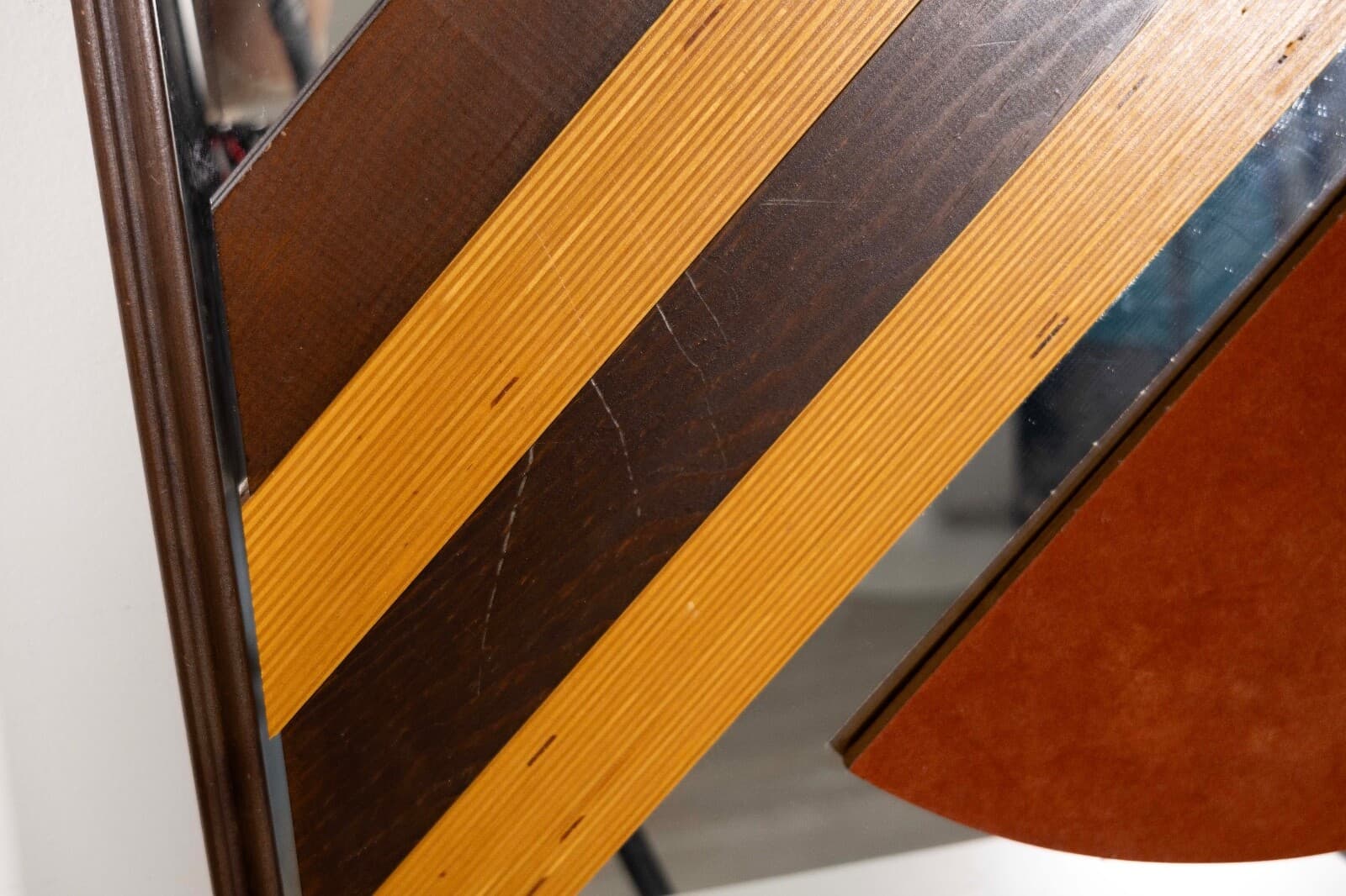 Post Modern Wooden Chevron Design and Leather Patch Mirror - Thumbnail 4