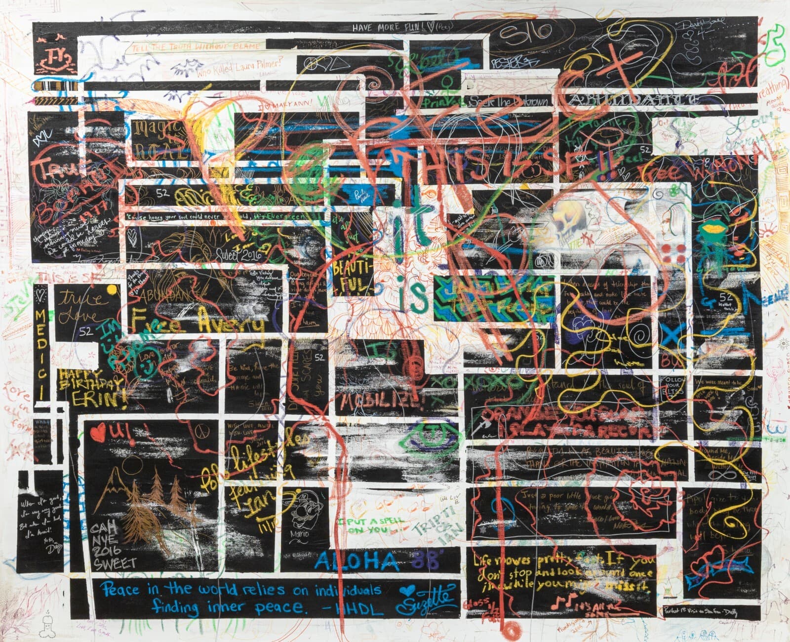San Francisco CA Artist Collective Signed Mixed-Media Painting on Linen 2000s