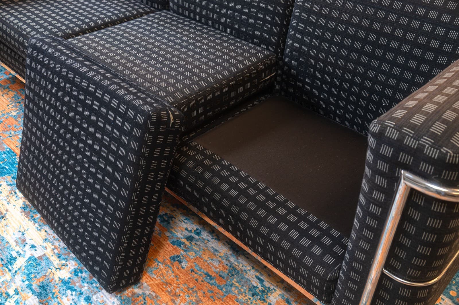 Pair of 1980s Jack Cartwright Corbusier LC2 Style Black Fabric & Chrome Sofas - Thumbnail 9