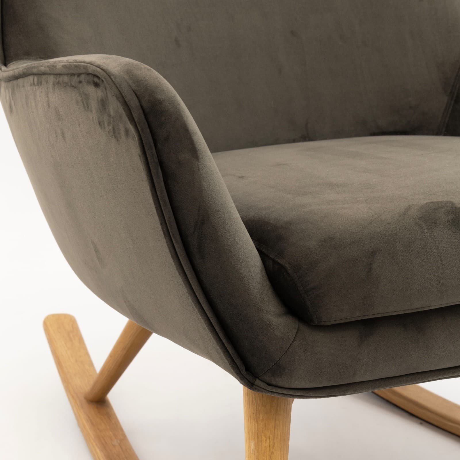 Contemporary Gray Velvet Upholstered Rocking Chair With Wooden Runners - Thumbnail 5