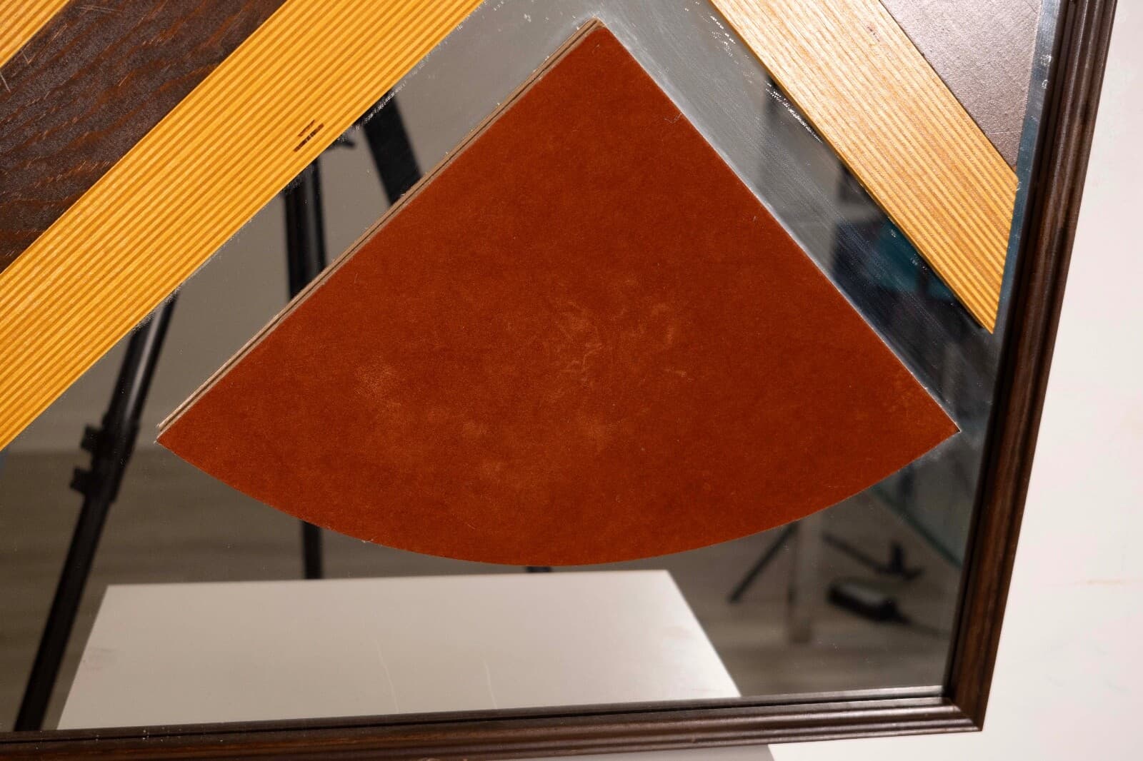 Post Modern Wooden Chevron Design and Leather Patch Mirror - Thumbnail 5