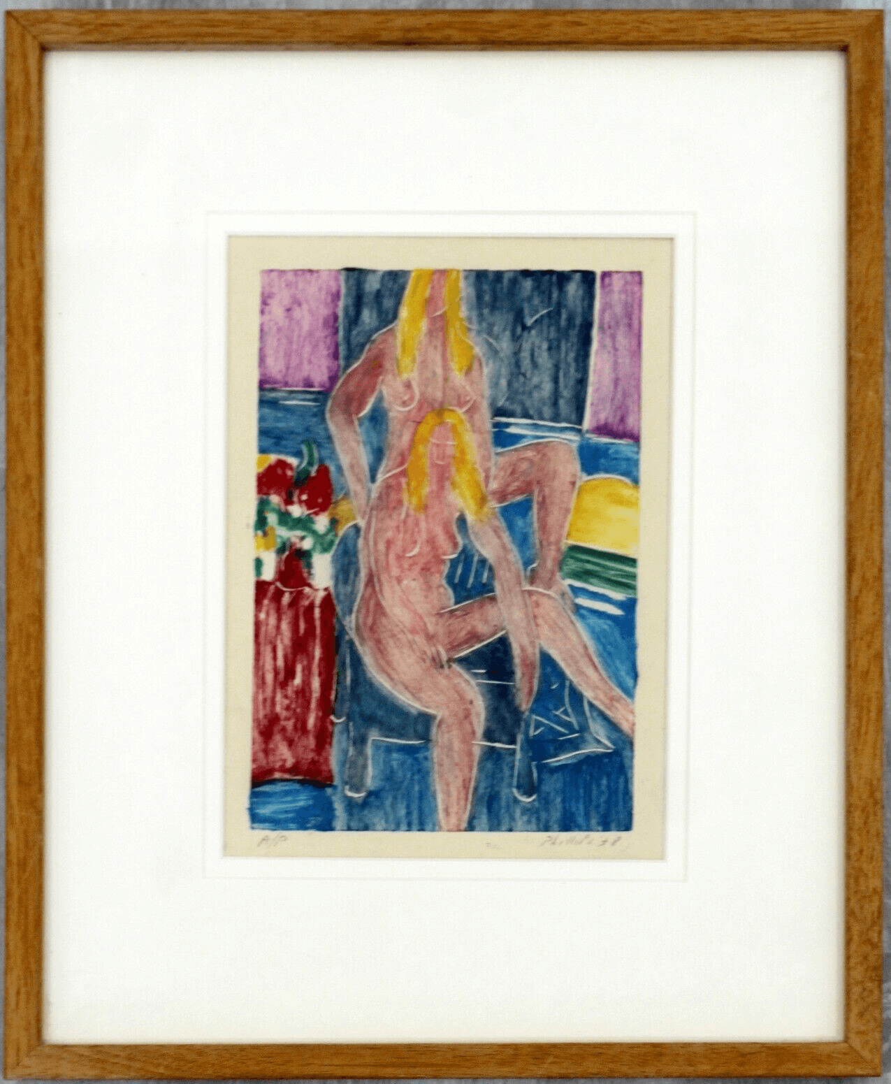 Modern Framed Nudes Hand painted Linocut Monotype Signed Matt Phillips 1970s