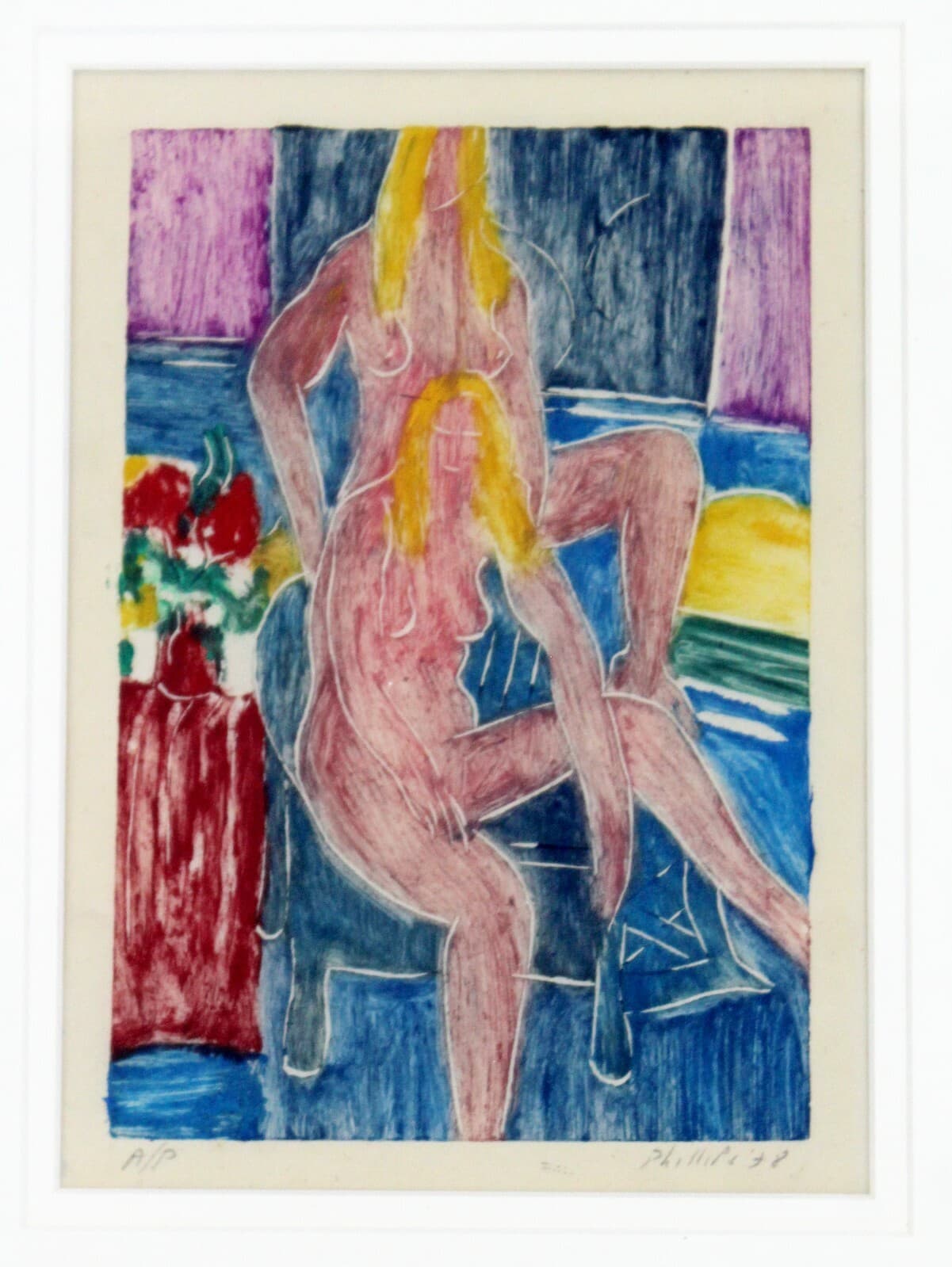Modern Framed Nudes Hand painted Linocut Monotype Signed Matt Phillips 1970s - Thumbnail 2