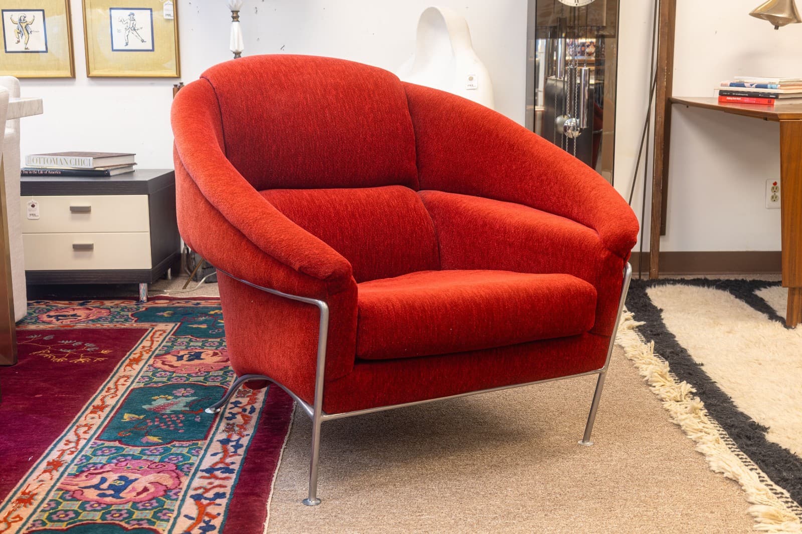 Vintage Milo Baughman Thayer Coggin Boldido Red Fabric Lounge Chair and Ottoman - Thumbnail 4