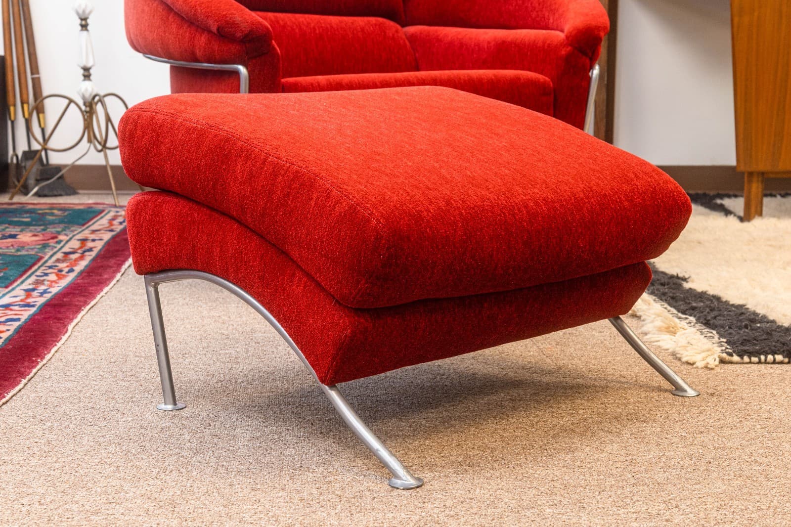 Vintage Milo Baughman Thayer Coggin Boldido Red Fabric Lounge Chair and Ottoman - Thumbnail 12