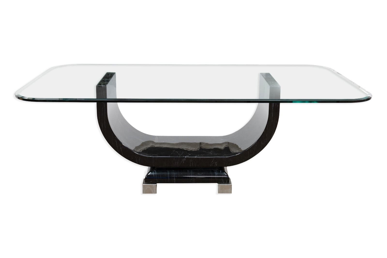 Art Deco Style Post Modern Black Lacquer Dining Table With Glass Top - Thumbnail 2