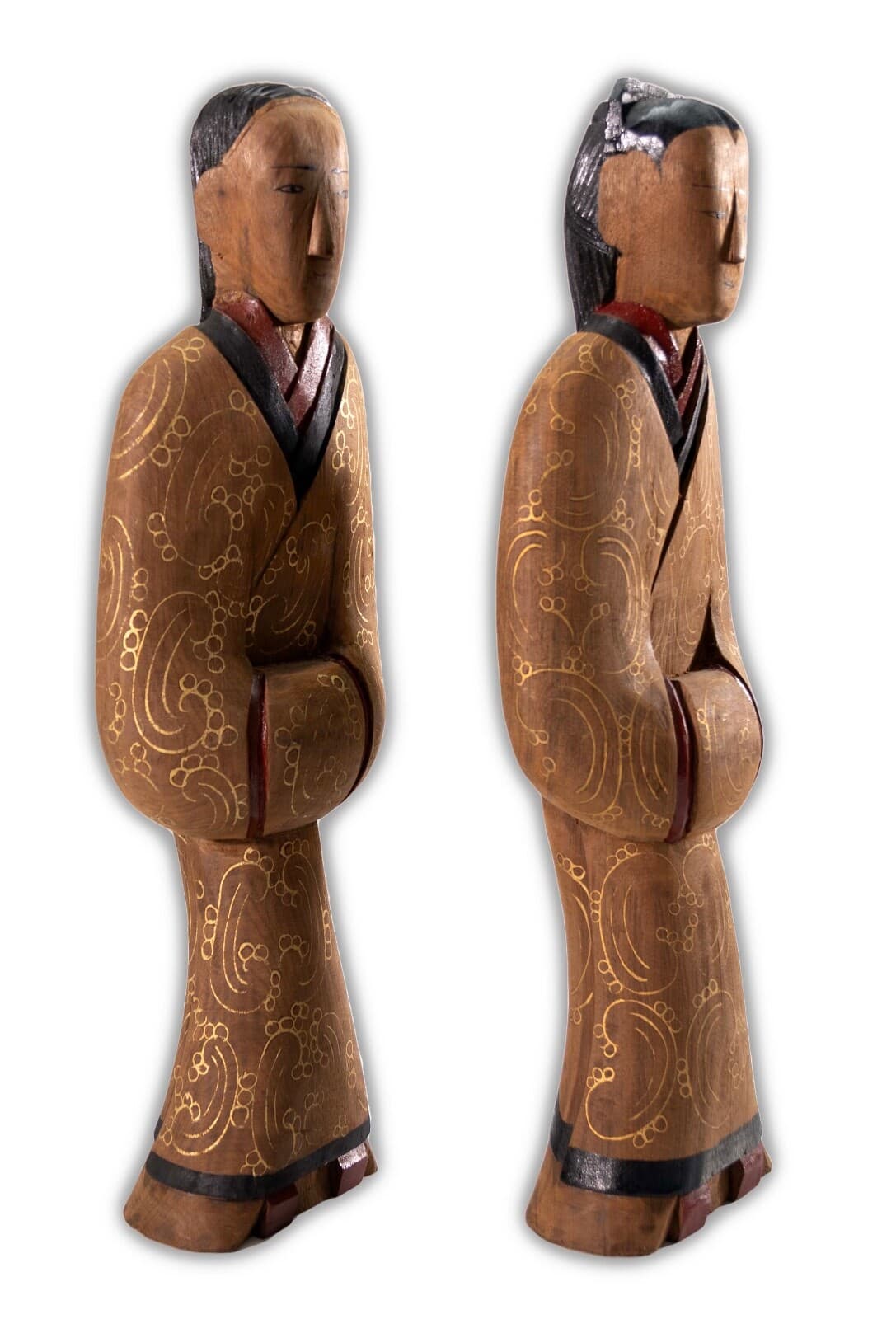 Pair of Vintage Chinese Wood Hand Painted Lacquer Figurine Sculptures Shanghai - Thumbnail 2