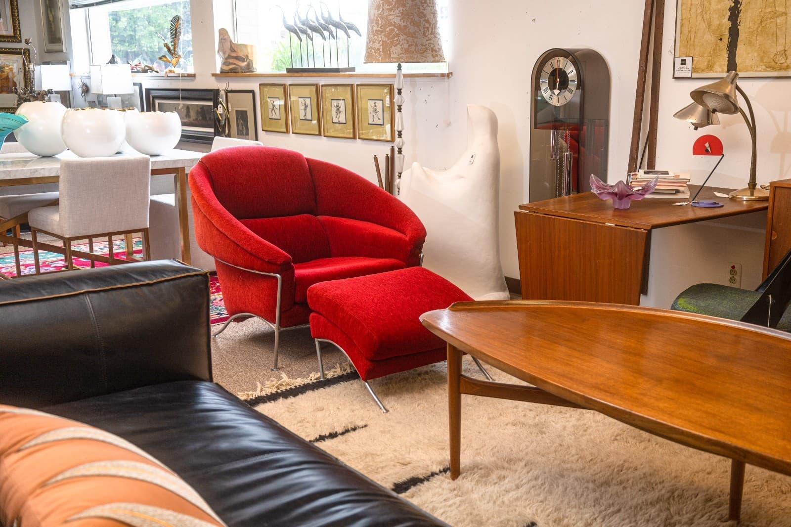 Vintage Milo Baughman Thayer Coggin Boldido Red Fabric Lounge Chair and Ottoman - Thumbnail 2