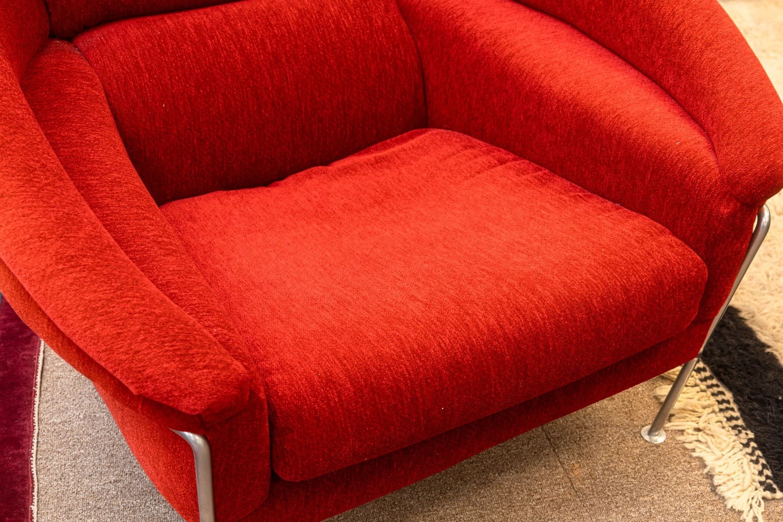 Vintage Milo Baughman Thayer Coggin Boldido Red Fabric Lounge Chair and Ottoman - Thumbnail 8