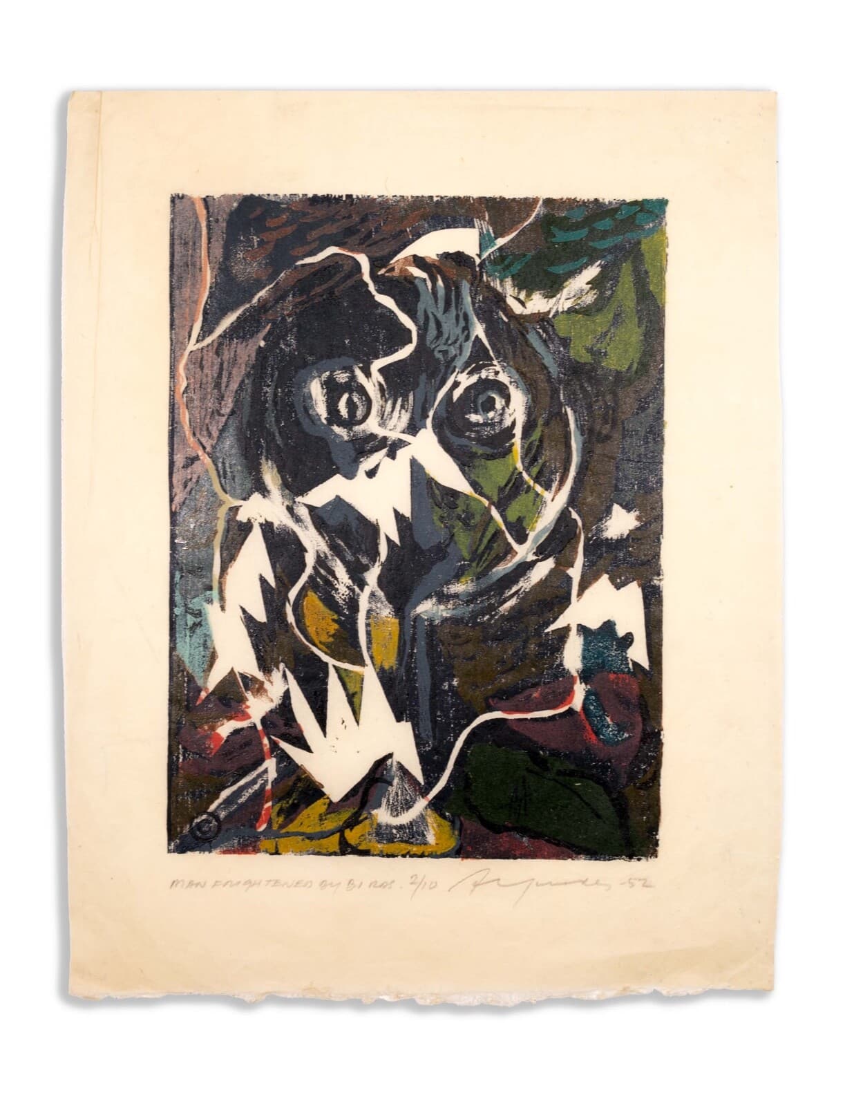 Adja Yunkers Man Frightened by Birds Signed Modern Woodcut on Paper 2/10 UF - Thumbnail 2