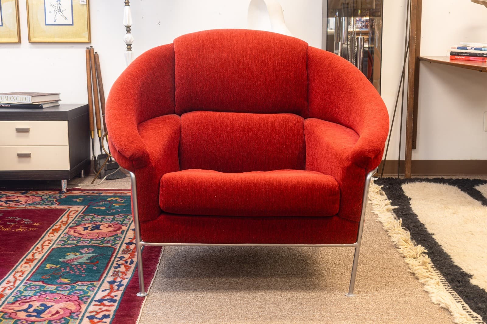 Vintage Milo Baughman Thayer Coggin Boldido Red Fabric Lounge Chair and Ottoman - Thumbnail 3