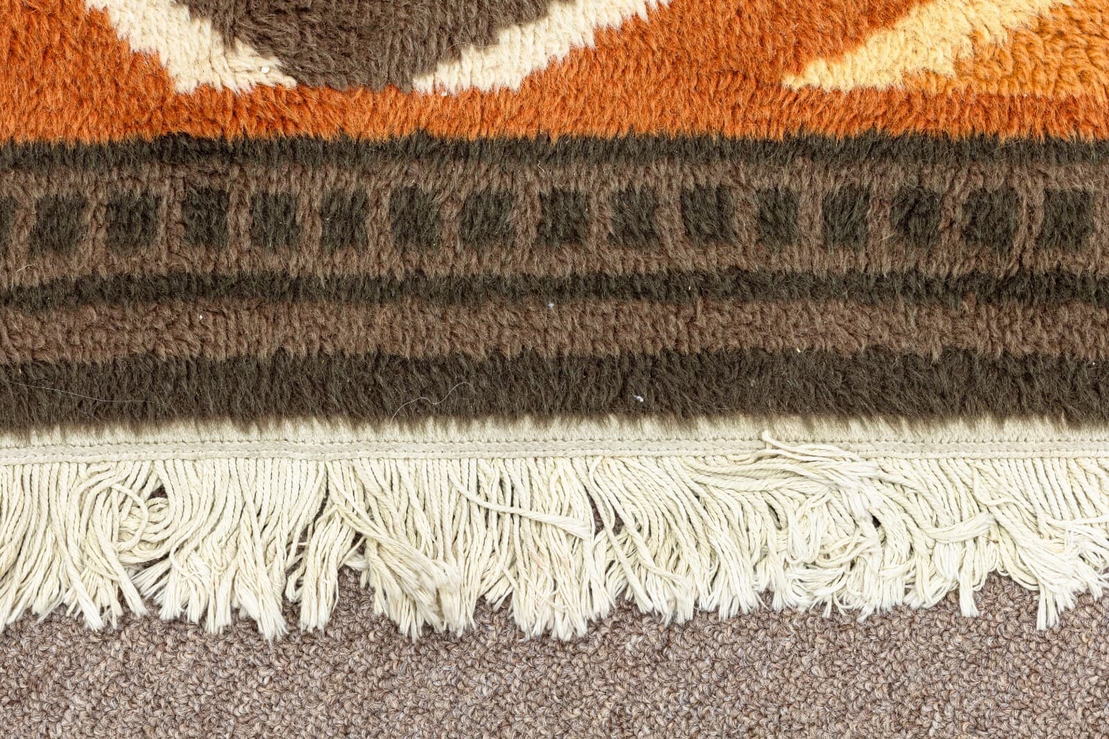 Mid Century Modern Aztec Style Vintage Brown and Orange Area Rug Fiber Carpet - Thumbnail 2
