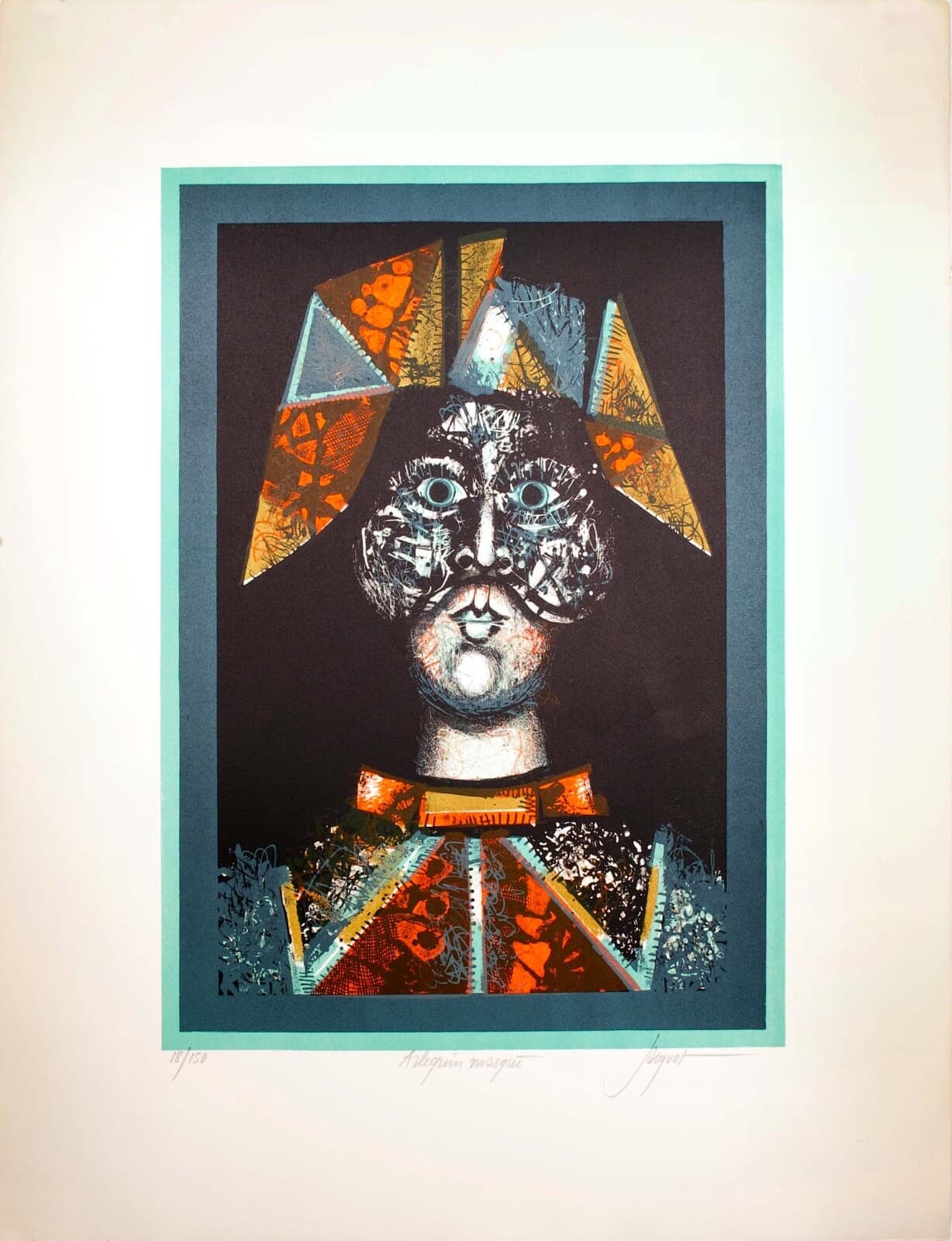 Pierre Henry Jacquot Arlequin Masque Signed Commedia dell'Arte Series Lithograph - Thumbnail 2
