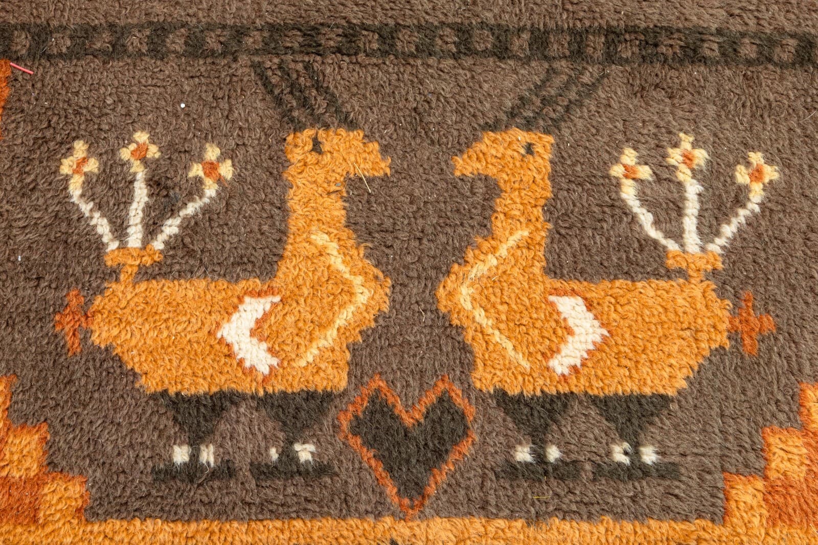 Mid Century Modern Aztec Style Vintage Brown and Orange Area Rug Fiber Carpet - Thumbnail 3