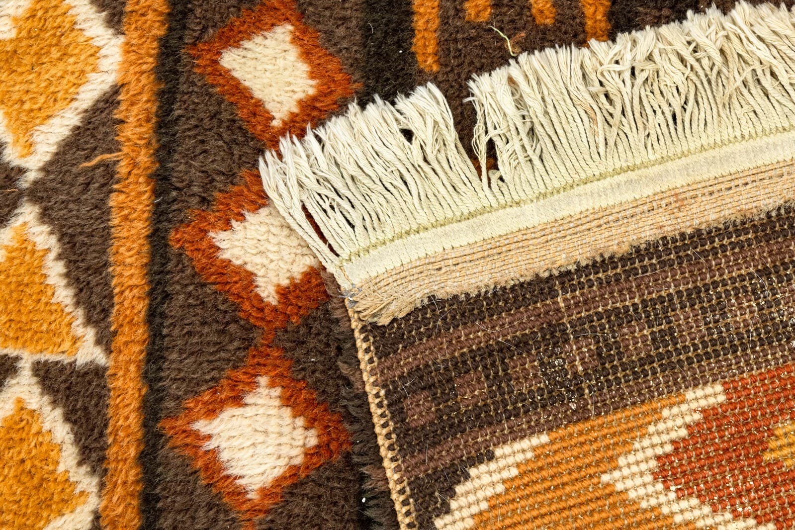 Mid Century Modern Aztec Style Vintage Brown and Orange Area Rug Fiber Carpet - Thumbnail 8