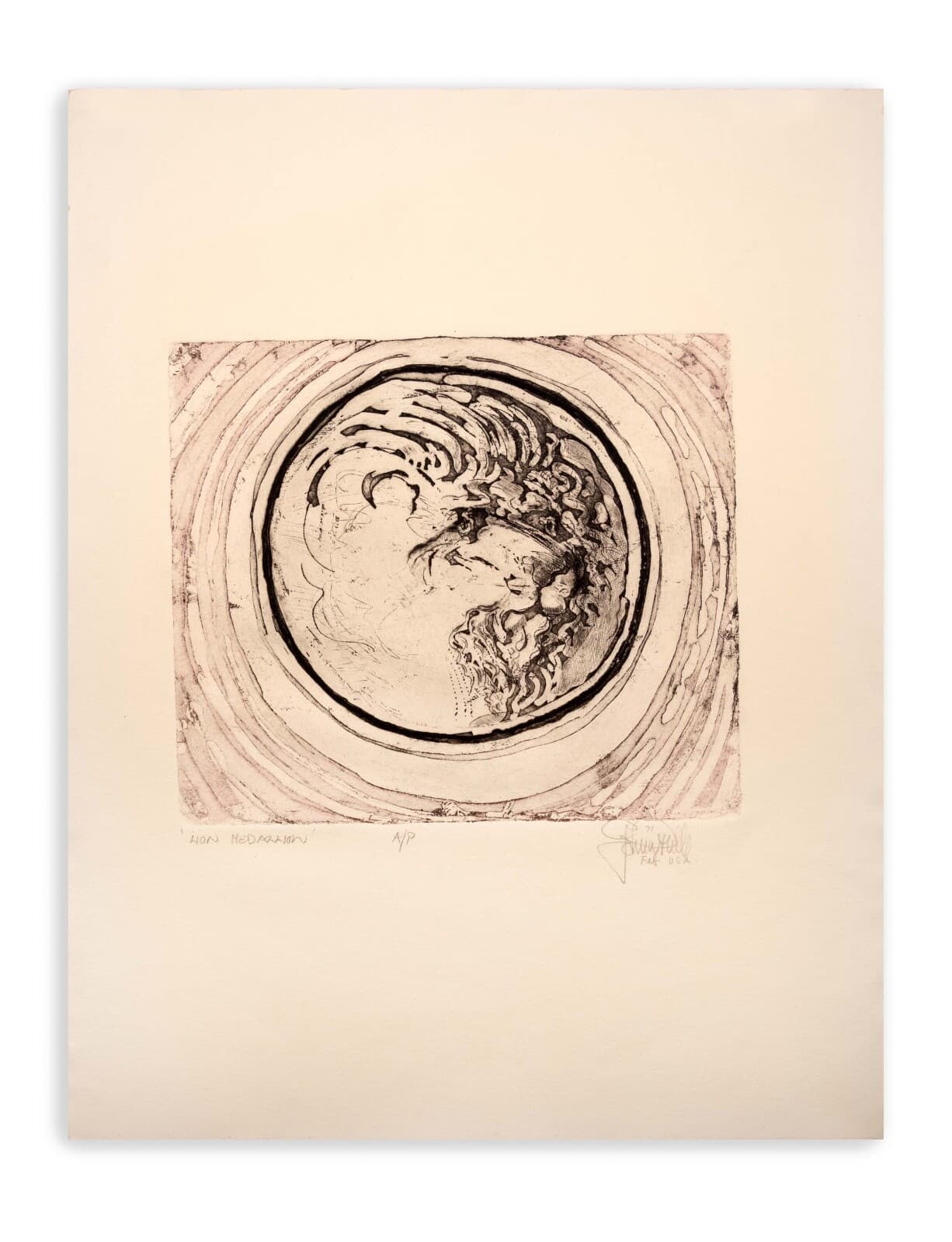 John Mills Lion Medallion Signed Contemporary Etching on Paper A.P. Unframed '71 - Thumbnail 2