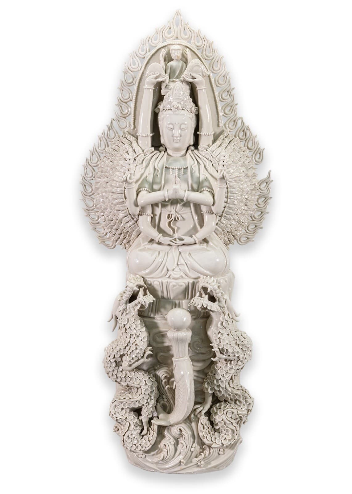 Vintage Asian Guanyin Bodhisattva Thousand-Arm Guan Yin Buddha Porcelain Statue