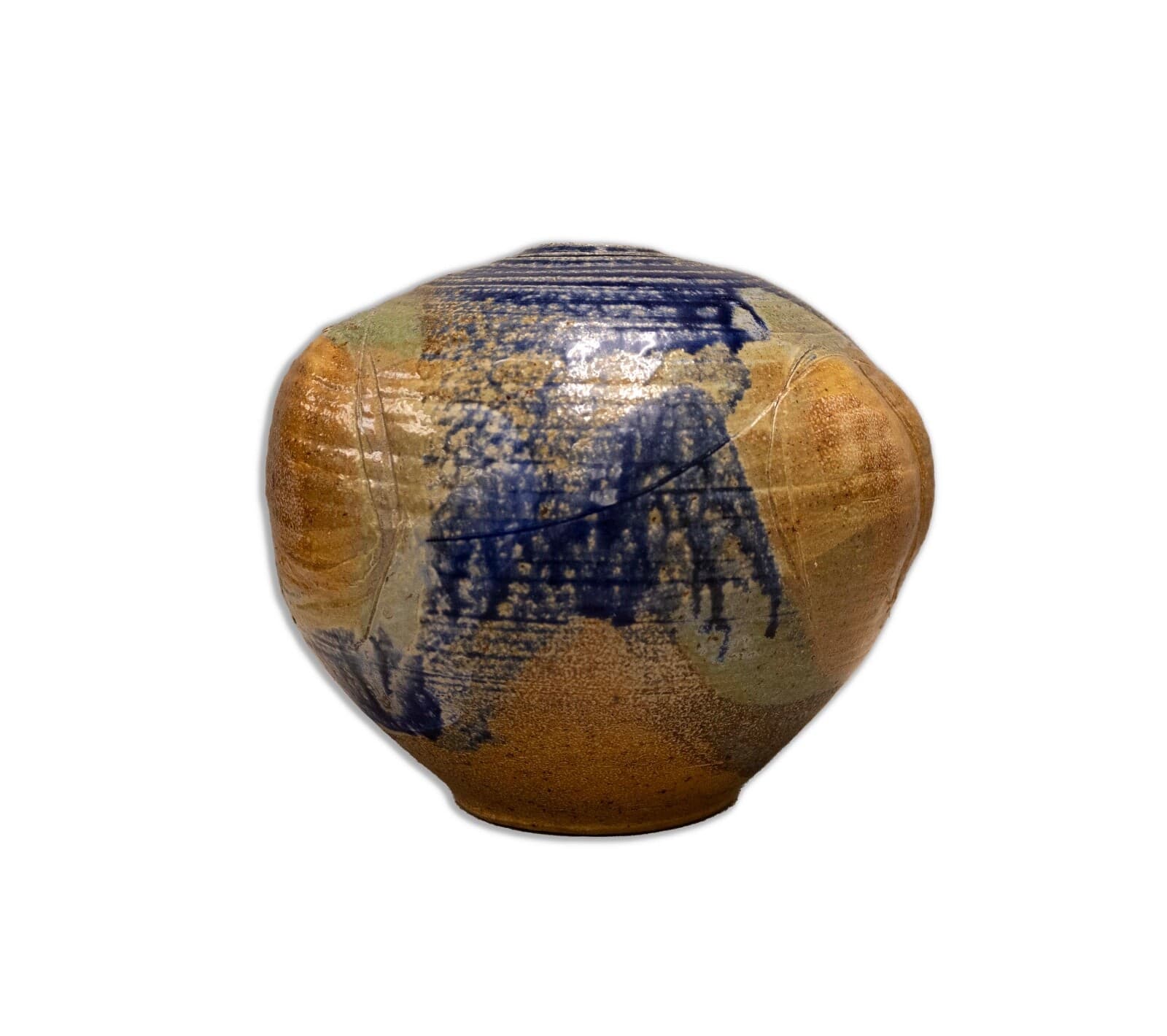 Mid Century Modern Glazed Studio Pottery Vessel Cobalt Blue with Earth Tones