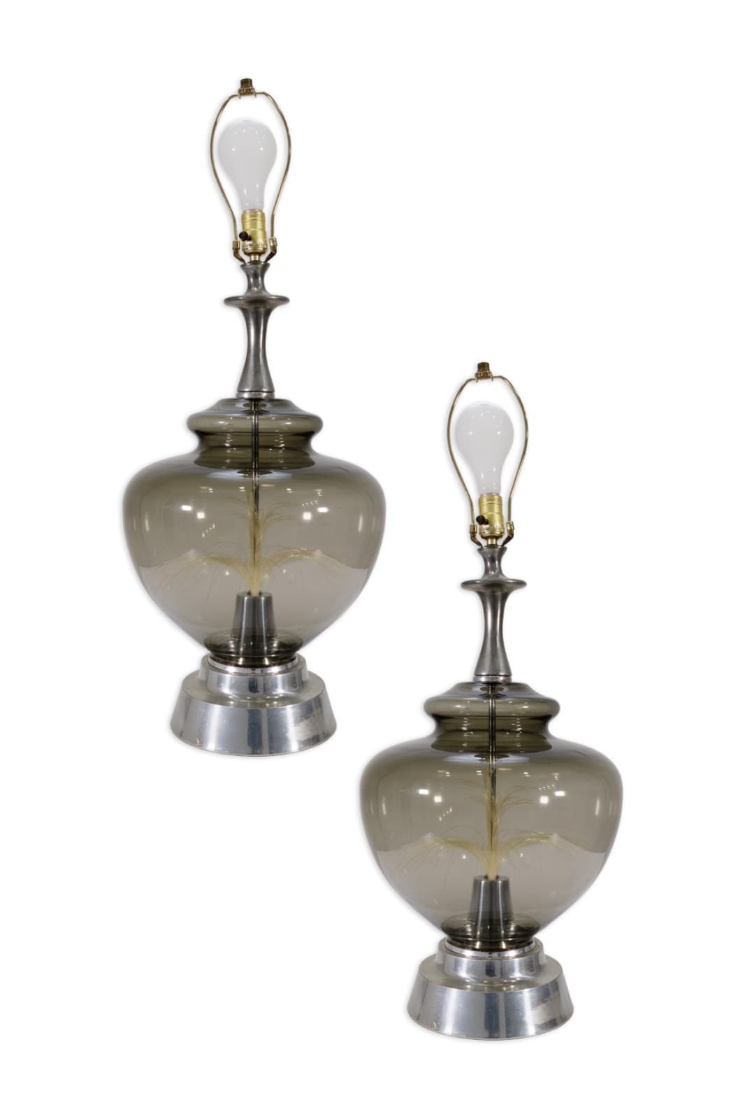 Pair Of Vintage Mid Century Modern Round Fiber Optic Smoked Glass & Chrome Lamps