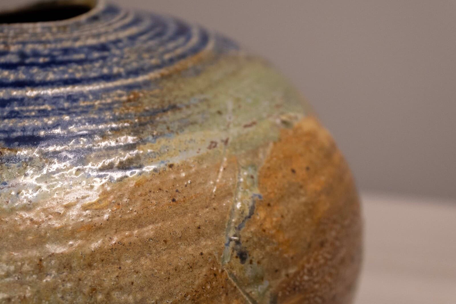 Mid Century Modern Glazed Studio Pottery Vessel Cobalt Blue with Earth Tones - Thumbnail 7